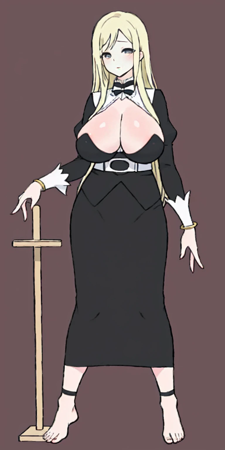 masterpiece full body toe to head beautiful woman butler, 1soloMILF BIMBO full body black uniform wearing a big belt (Nylon Belt for Women) (plain background) bracelets strong body standing by wooden pole