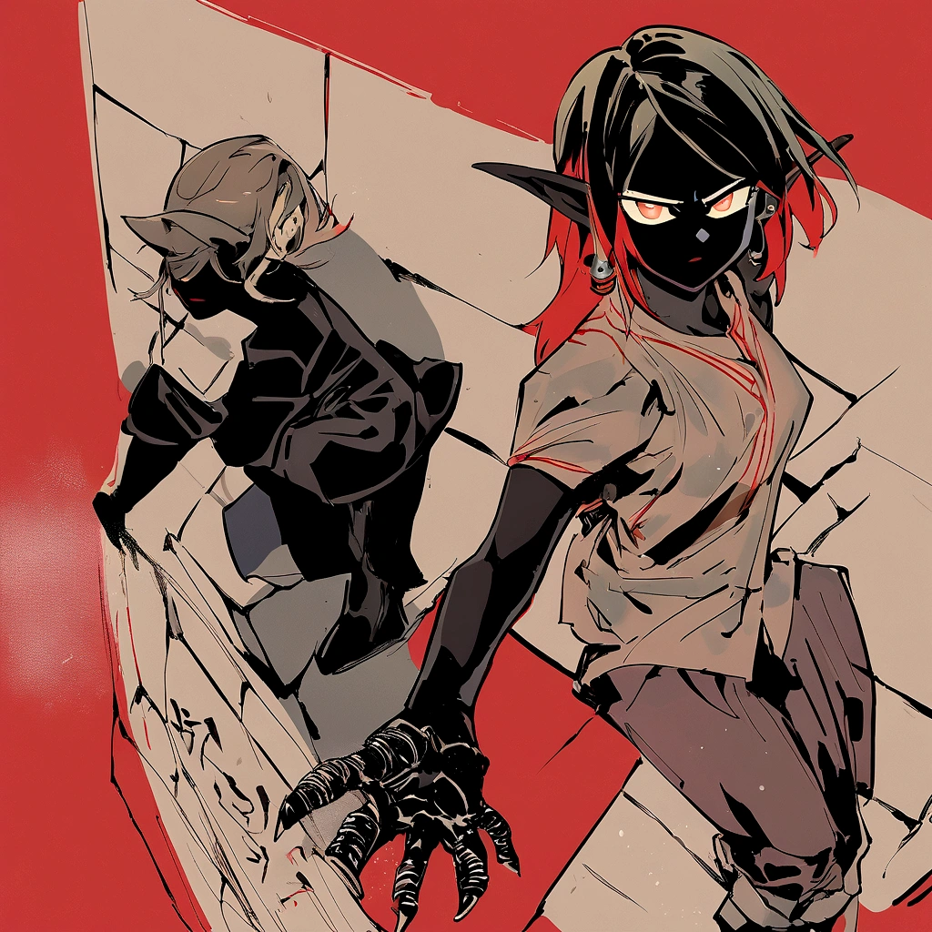 Full body image, Black skin elf female and elf male, shining red, street clothing, Black and red background, serious face, against on wall, Japanese writing on the edges, written Shangri-La, manhwa manga style hand drawing
