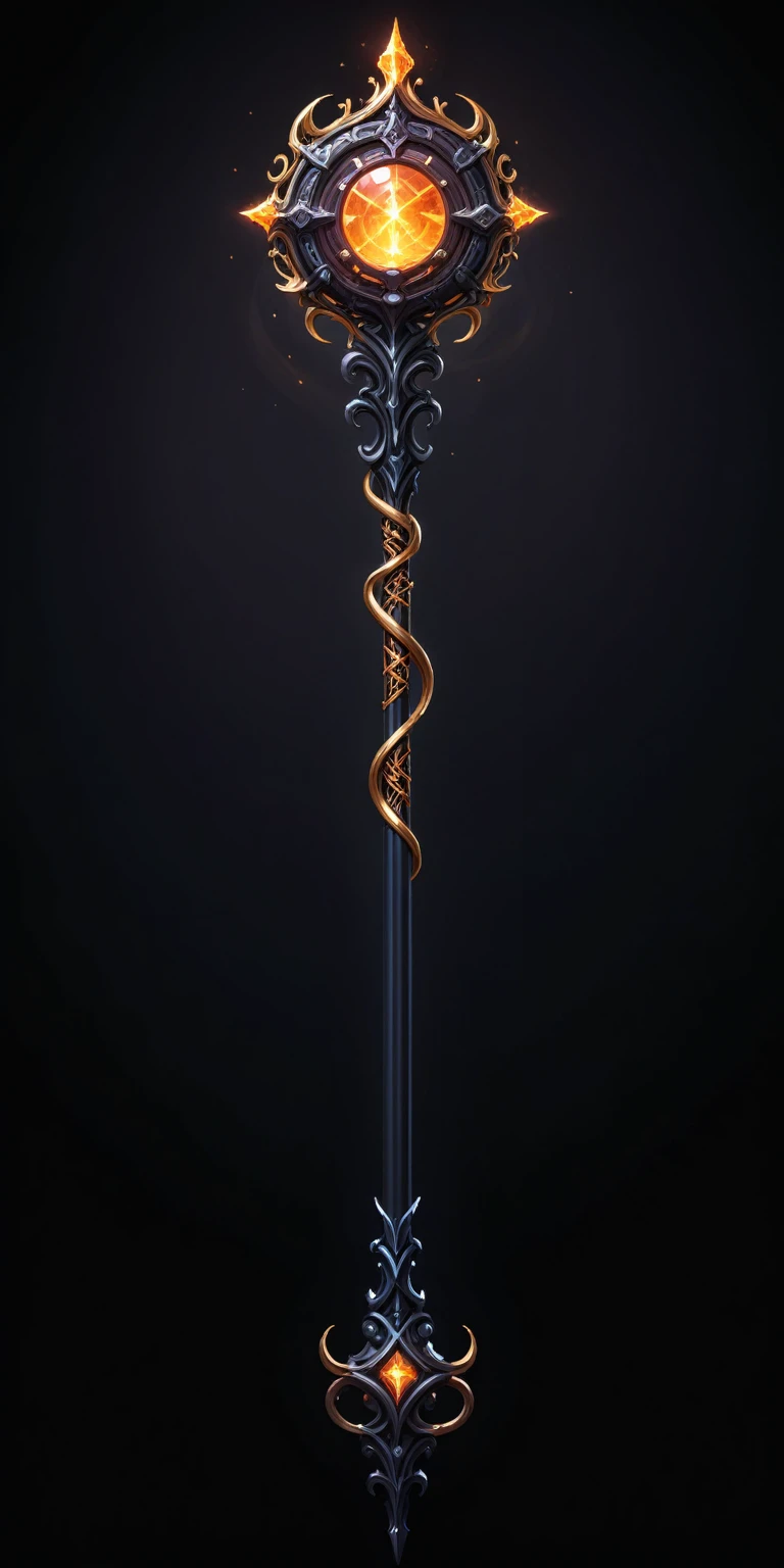 pixel art, cartoon illustration, Divine glavie greatstaff, Powerfull Magical theme, simple black background, RPG game icon