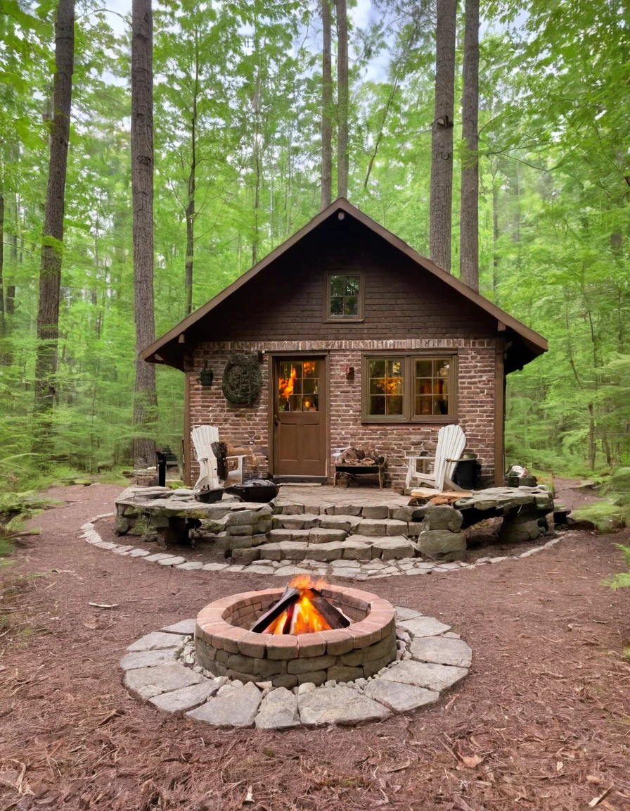 a small cabin with a fire pit in the woods, cottagecore, cottagecore hippie, cottagecore!!, cottage in the woods, cozy place, cottage in the forest, cabin in the woods, house in forest, nestled in a forest, cozy setting, cottage hippie naturalist, a brick cabin in the woods, cozy environment