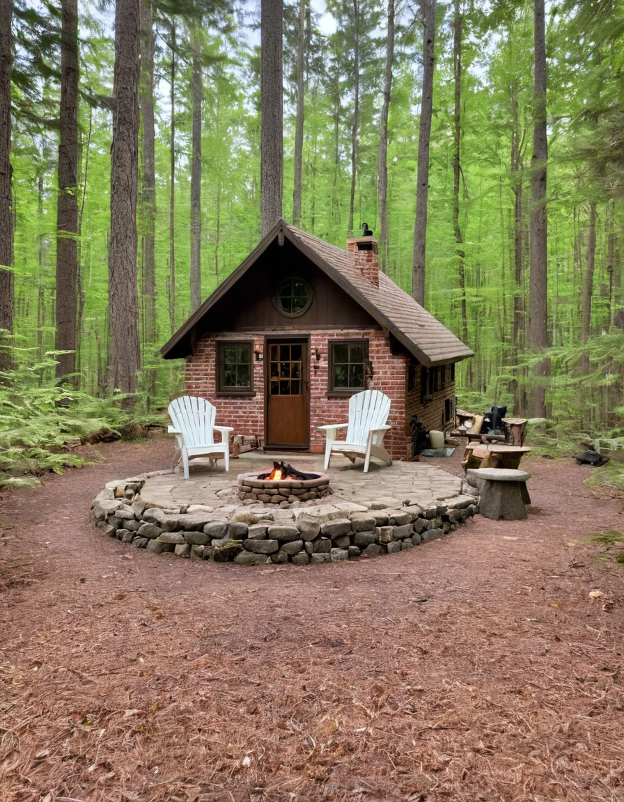 a small cabin with a fire pit in the woods, cottagecore, cottagecore hippie, cottagecore!!, cottage in the woods, cozy place, cottage in the forest, cabin in the woods, house in forest, nestled in a forest, cozy setting, cottage hippie naturalist, a brick cabin in the woods, cozy environment