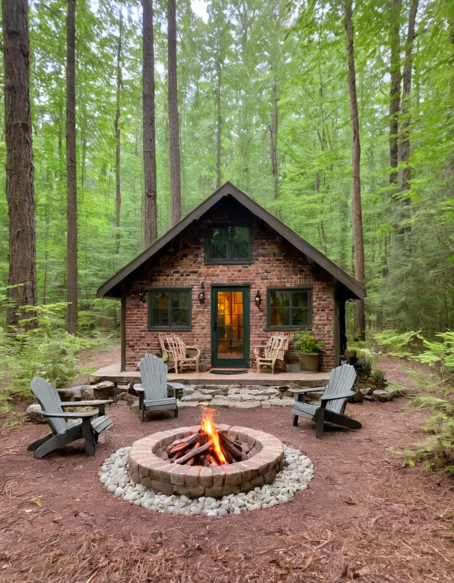 a small cabin with a fire pit in the woods, cottagecore, cottagecore hippie, cottagecore!!, cottage in the woods, cozy place, cottage in the forest, cabin in the woods, house in forest, nestled in a forest, cozy setting, cottage hippie naturalist, a brick cabin in the woods, cozy environment