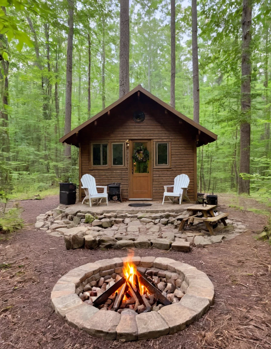 a small cabin with a fire pit in the woods, cottagecore, cottagecore hippie, cottagecore!!, cottage in the woods, cozy place, cottage in the forest, cabin in the woods, house in forest, nestled in a forest, cozy setting, cottage hippie naturalist, a brick cabin in the woods, cozy environment