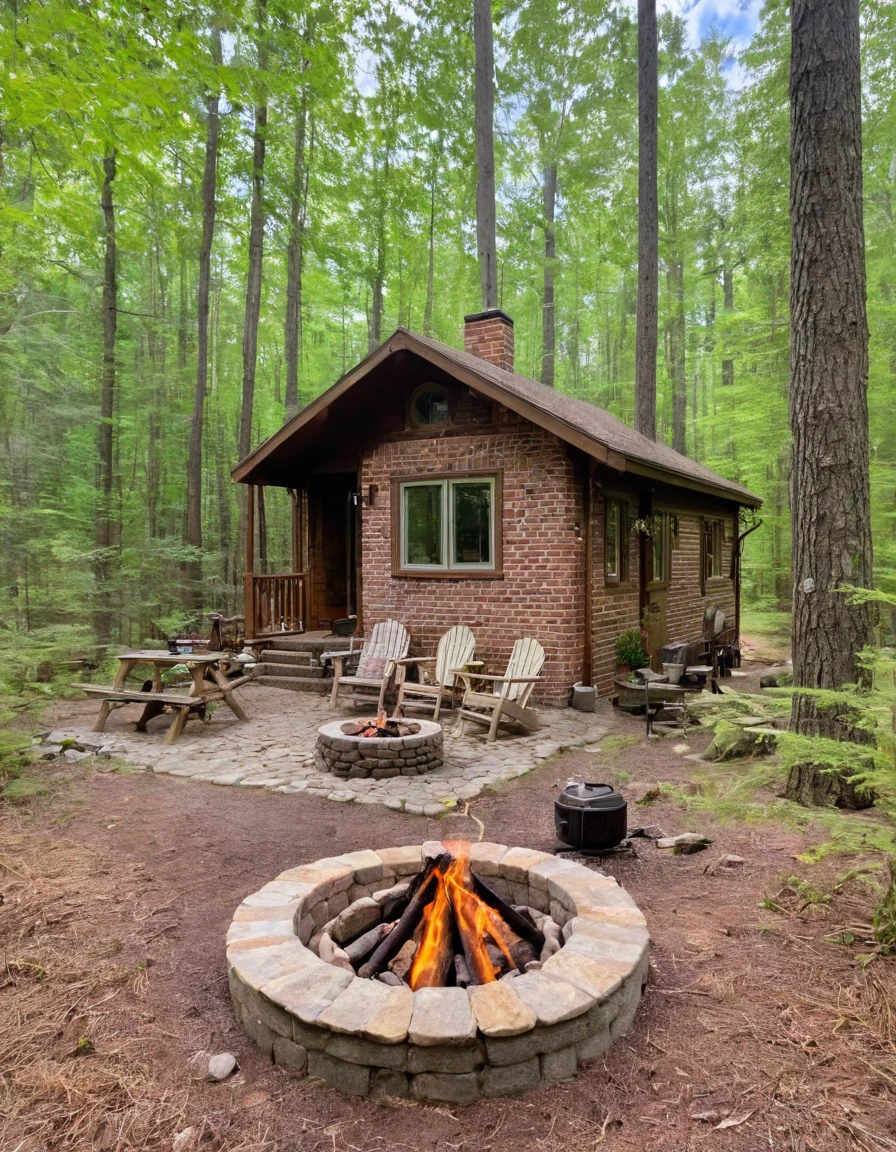 a small cabin with a fire pit in the woods, cottagecore, cottagecore hippie, cottagecore!!, cottage in the woods, cozy place, cottage in the forest, cabin in the woods, house in forest, nestled in a forest, cozy setting, cottage hippie naturalist, a brick cabin in the woods, cozy environment