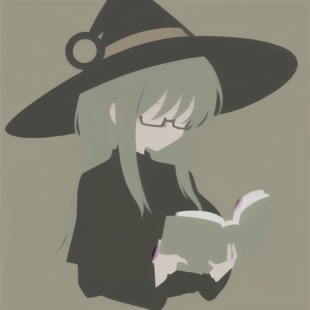 Anime Minimalist, One Girl, alone,Green Hair, Brown background, hair ornaments, librarian,Glasses,Have,Witch Hat,(Turned to the side:1.5),(Reading a book:1.3),(Big Breasts.1.7),(Huge breasts:1.2)