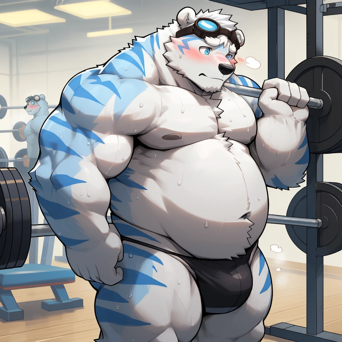 masterpiece, best quality, 8k resolution, Very detailed, hairy,(((polar bear)),(((Mature))),(((Strong))),(((White hair all over body))),portrait,(((blue eyes))),(((White hair))),(((body blue stripes))),(((Gym))),For the audience,(((Holding a barbell))),Highest quality scene,Solitary,solitary,(((whole body))),(((Sweating))),((Half-squatted)),(((thong))),(((Shirtless))),((Fat-enclosed muscle)),(((Shameful))),((Blushing)),(((Round face))),(((alone))),((goggles)),(((Strong body))),(((Hip bulge)))