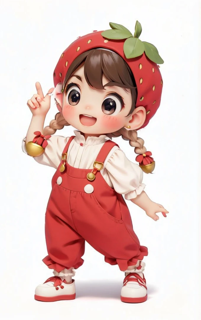 (Super detailed: 1.15)、(Soft Light、sharp: 1.2)、baby face、whole body、《Q version girl》、Reflecting the image of strawberries in clothing、Strawberry Big Hat、There is a dot on the strawberry hat,Strawberry accessories、Green leaves,happy、cute shoes、Biye、Brown eyes, Long eyelashes、big eyes、braid、 big ear、Red suspenders,Blind Box Toys