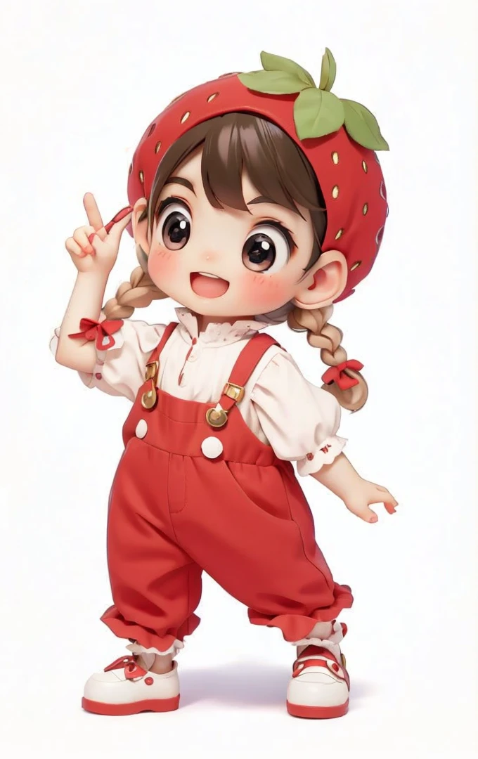 (Super detailed: 1.15)、(Soft Light、sharp: 1.2)、baby face、whole body、《Q version girl》、Reflecting the image of strawberries in clothing、Strawberry Big Hat、There is a dot on the strawberry hat，Strawberry accessories、Green leaves，happy、cute shoes、Biye、Brown eyes, Long eyelashes、big eyes、braid、 big ear、Red suspenders，Blind Box Toys