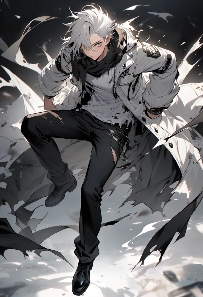- **Gender**: Male
Physique:V-Taper
#### Appearance
- **Hair**: Black
- **Scarf**: Ragged, worn around the neck, possibly torn at the edges
- **Clothing**:
- **Top**: Black and white jacket over a black and white shirt with a design
- **Bottom**: Black pants and Black Shoes
- **Distinguishing Feature**: A prominent scar on the face