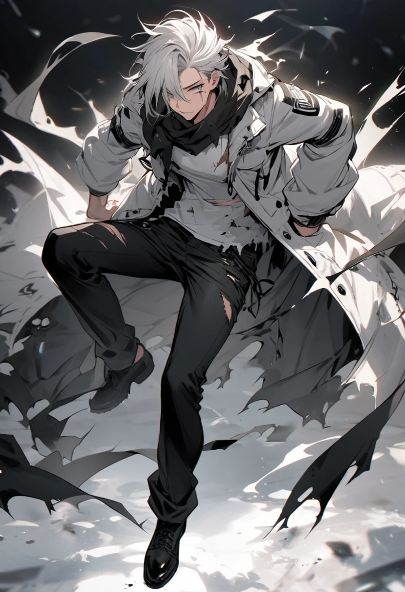 - **Gender**: Male
Physique:V-Taper
#### Appearance
- **Hair**: Black
- **Scarf**: Ragged, worn around the neck, possibly torn at the edges
- **Clothing**:
- **Top**: Black and white jacket over a black and white shirt with a design
- **Bottom**: Black pants and Black Shoes
- **Distinguishing Feature**: A prominent scar on the face