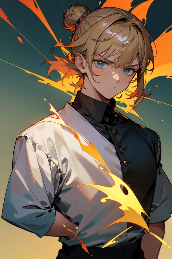 multi-color haired, two toned hair, young male, water in the background, surrounded by grass, lava background, white shirt, bangs covering head, medium length hair, black pants, one male, lean build, upper body, serious face,muscular ,blonde hair, hair in bun, weilding sword 