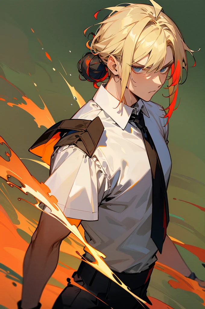 multi-color haired, two toned hair, young male, water in the background, surrounded by grass, lava background, white shirt, bangs covering head, medium length hair, black pants, one male, lean build, upper body, serious face,muscular ,blonde hair, hair in bun, weilding sword