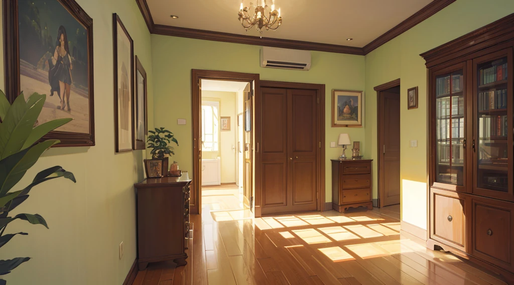 (best quality, 4k, 8K, high resolution, masterpiece: 1.2), Very detailed, (nobody: 1.5), Bedroom corridor, corridor, indoor,cozy indoor, lamp, bookshelf, Potted plants