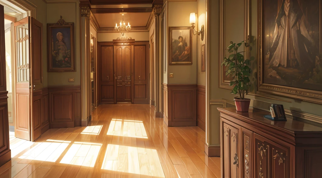 (best quality, 4k, 8K, high resolution, masterpiece: 1.2), Very detailed, (nobody: 1.5), Bedroom corridor, corridor, indoor，cozy indoor, lamp, bookshelf, Potted plants