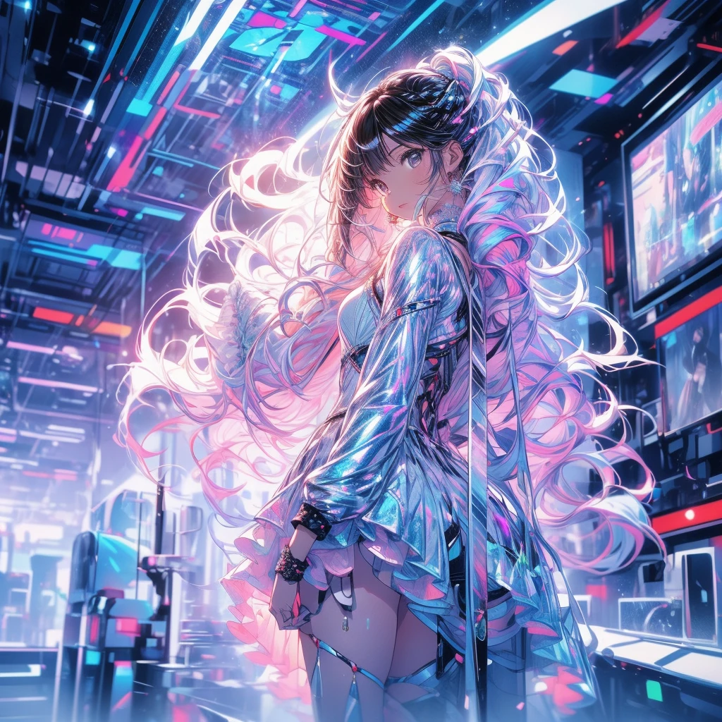 Create Ultra High Definition, Masterpiece quality image with white theme, Featuring a cute anime girl with long black hair in a cool pose, Attack with a high-tech sword. In this scene、A large number of holographic swords appear floating in a circle.。, Each one has countless intricate parts, Set in a predominantly white cyberpunk environment. The scene is enriched with holographic elements and light particles., Emphasizing futuristic and fantastical aesthetics. The image is、Capturing the essence of purity and sophistication with the finest quality and beauty, A super detailed display of a girl and her holographic sword, Super-resolution visuals that highlight the intricate details of a scene.