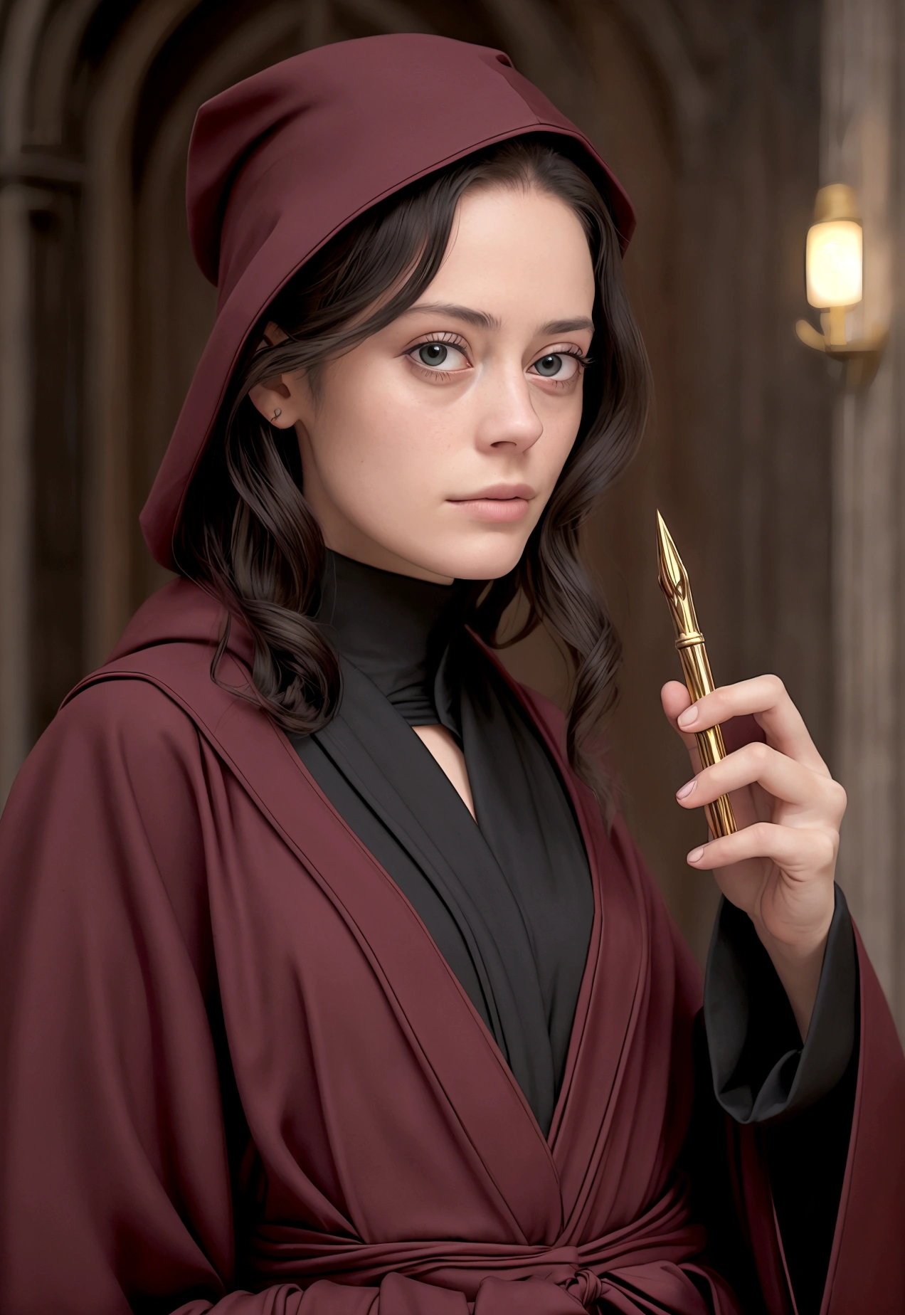 ((medium close-up))),1girl in,8K, Raw photography, top-quality, masterpiece, realisitic,Robes,wearing black wizard robes, magic , looks like an aged 29 Kaya Scodelario, aged 34, wearing robes and neckties, hogwarts style, wearing red sorcerer's robes, High quality clothing, (Canon EOS 5D Mark IV Camera, Famous for capturing vibrant colors and rich textures:1.2)