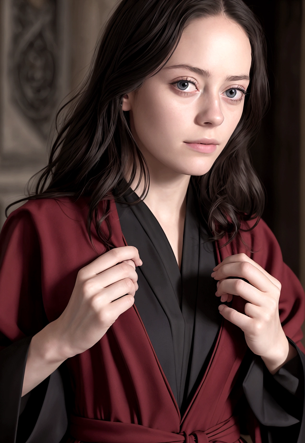((medium close-up))),1girl in,8K, Raw photography, top-quality, masterpiece, realisitic,Robes,wearing black wizard robes, magic , looks like an aged 29 Kaya Scodelario, aged 34, wearing robes and neckties, hogwarts style, wearing red sorcerer's robes, High quality clothing, (Canon EOS 5D Mark IV Camera, Famous for capturing vibrant colors and rich textures:1.2)