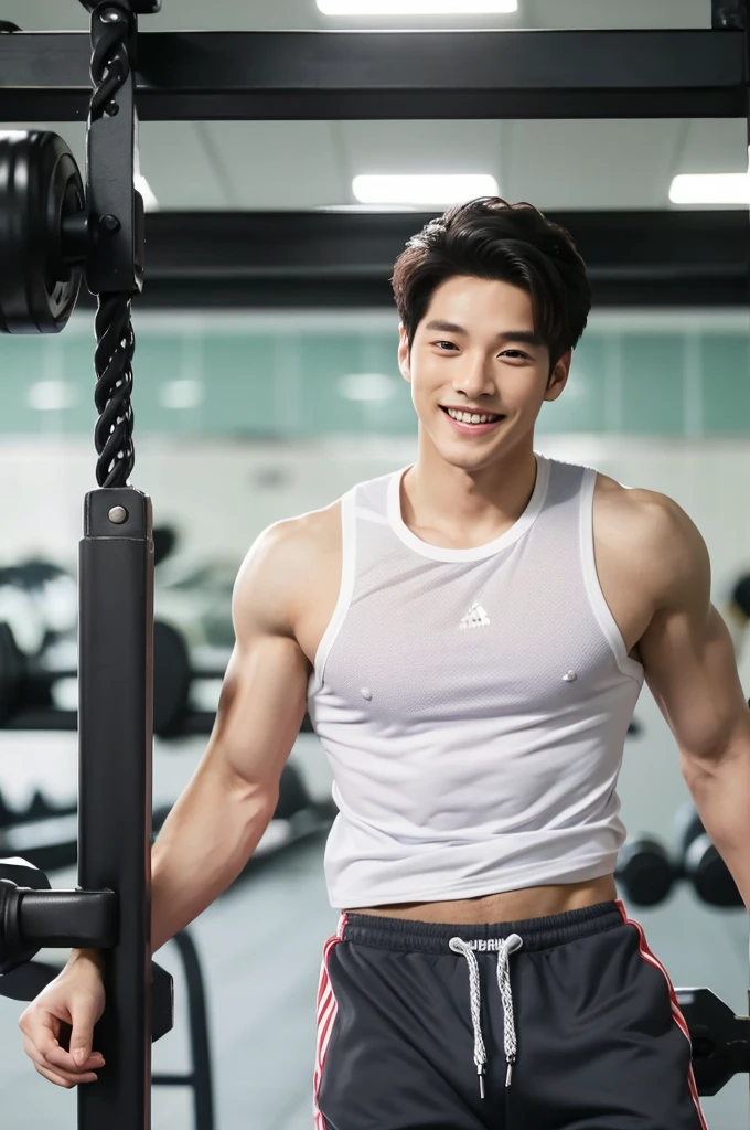 (Refreshing handsome man, Just like a Korean idol, A kind smile), (Gym, Sportswear, Gymのトレーナー)