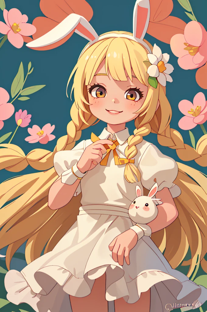 1 girl, alone, child's long hair, looking at viewer, standing apart, smile, bangs, blonde hair, hair ornament, holding, animal ears, light blonde eyes, upper body, braid, flower, hair flower , bunny ears, twin braids, lips, animal , watermark, rabbit, head crown, holding animal, flower crown