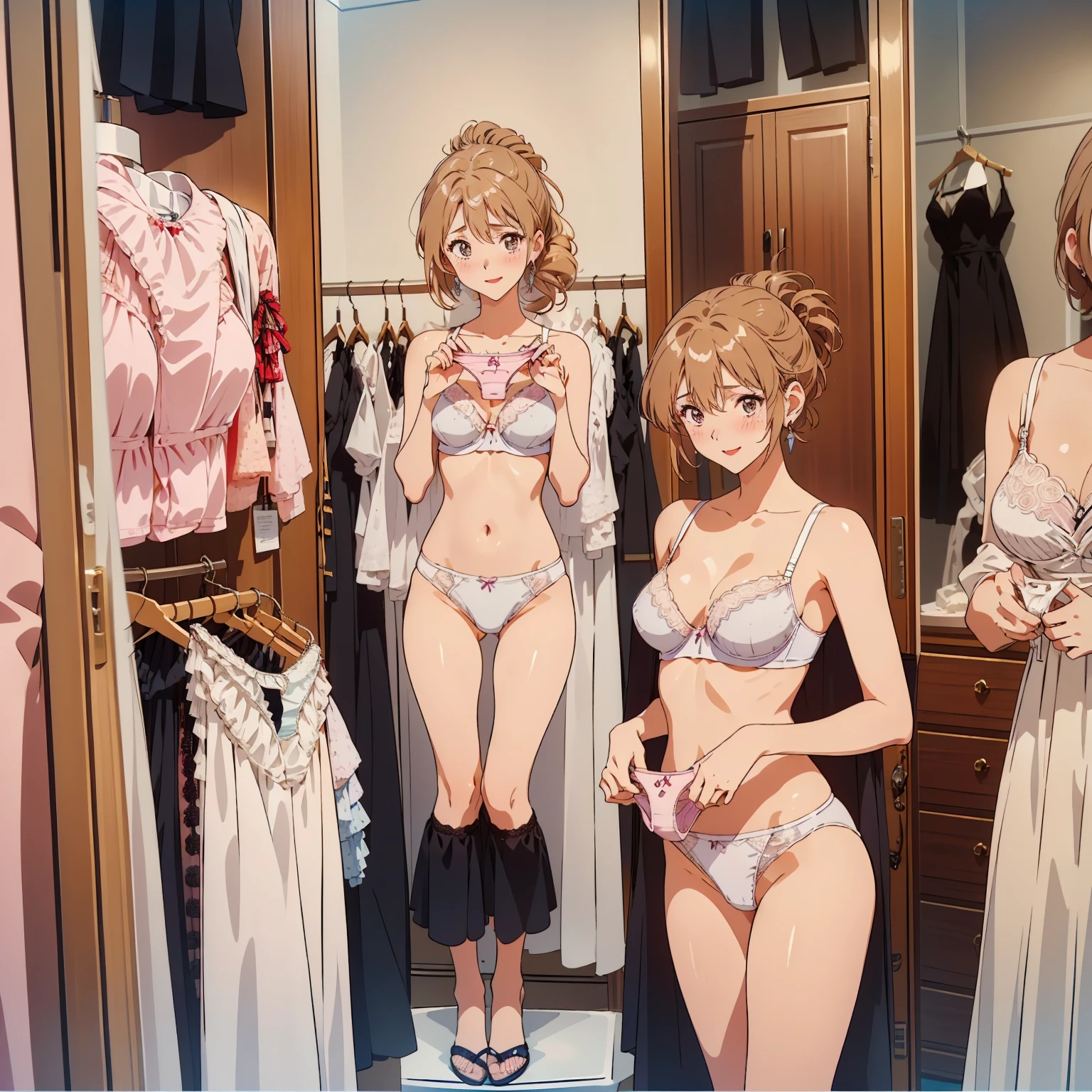 masterpiece, top quality, ultra detailed, ((((AIKA_SUMERAGI, folded ponytail, best anatomy, in underwear, (panties, elaborately designed luxury panties for adults, panties high definition images, draw panties with super precision), lace trimmed bras, extremely detailed texture, earrings, red lip, embarrassed, blush, smile)))), cowboy shot, (((underwear in dressing room))), white skin, (presenting panties), underwear store interior, (many orthodox panties on display:1.5), (underwear section filled with many panties), (panties taken off)