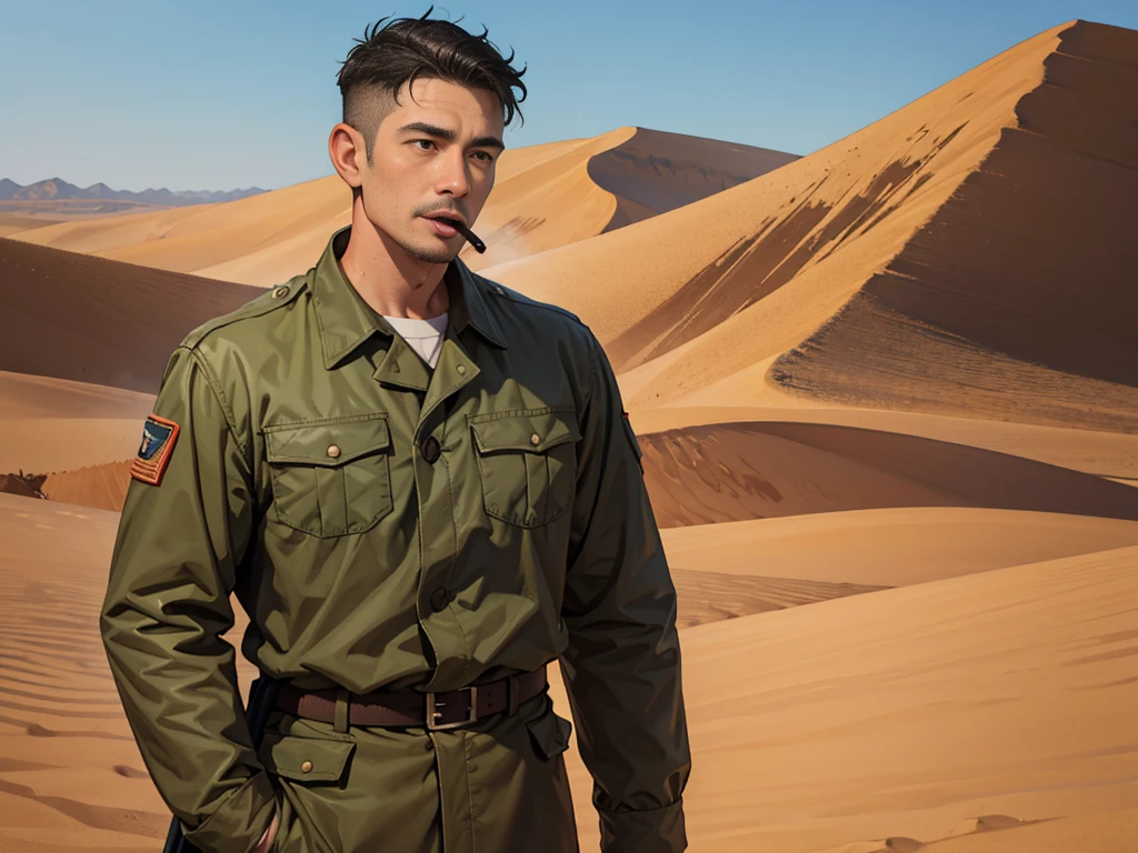 Portrait of a man in his 40s、standing、 Half-dead soldier, mouth open, talking、Long body、 、desert background、