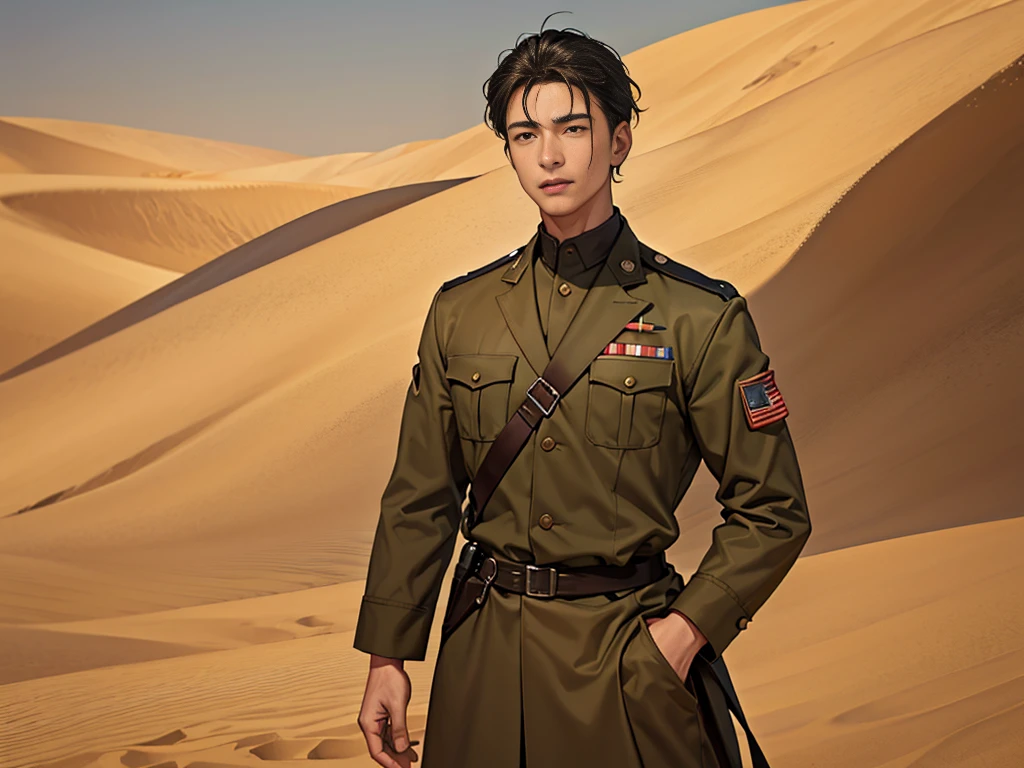 Portrait of a man in his 40s、standing、 Half-dead soldier, mouth open, talking、Long body、 、desert background、