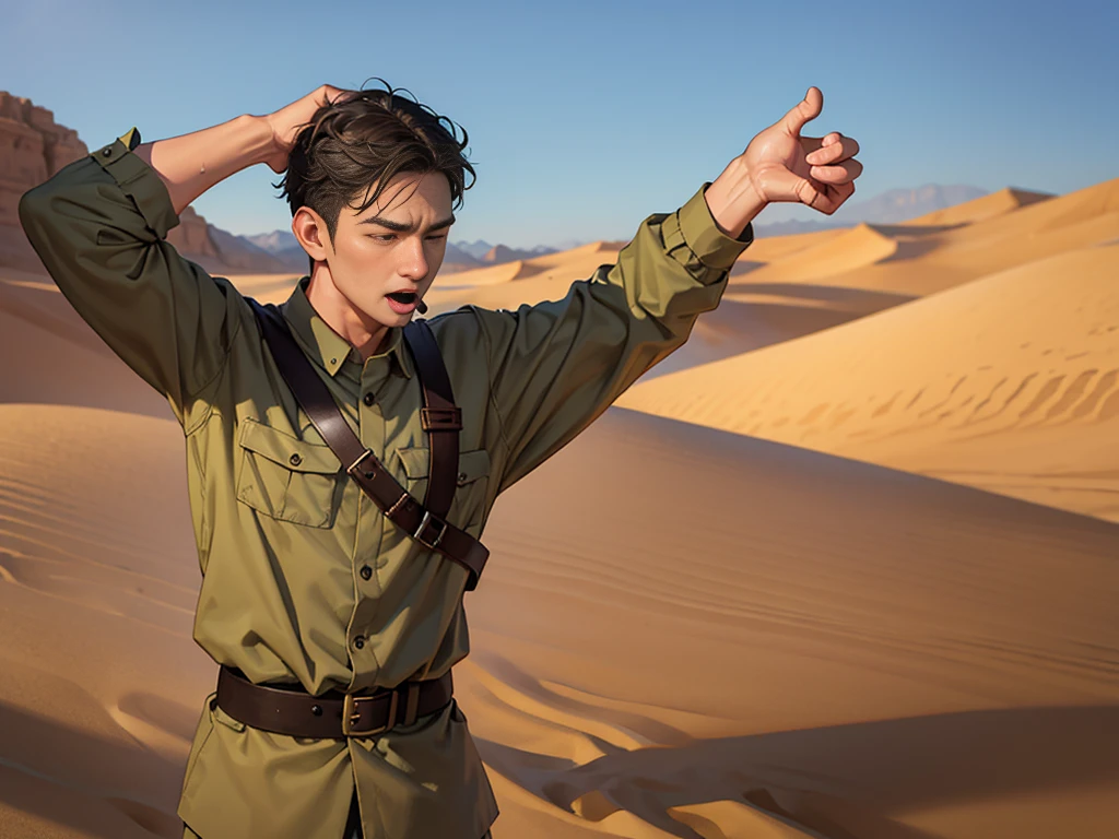 Portrait of a man in his 40s、standing、 Half-dead soldier, mouth open, talking、Long body、 、desert background、