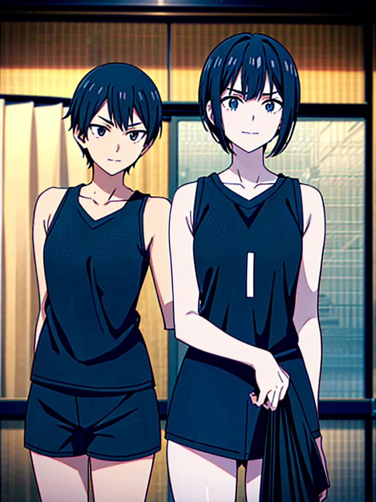 17-year-old girl, very dark black hair. She has a short hair, a little below the chin. Pale skin. She puts a small smile on her face and wears a volleyball uniform. The uniform is navy blue and black. He's wearing shorts, the uniform tank top and volleyball leggings. Haikyuu!!