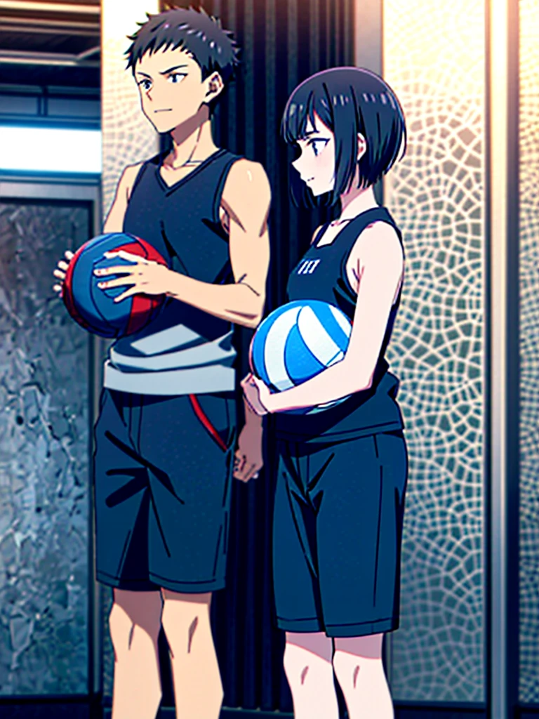 17-year-old girl, very dark black hair. She has a short hair, a little below the chin. Pale skin. She puts a small smile on her face and wears a volleyball uniform. The uniform is navy blue and black. He's wearing shorts, the uniform tank top and volleyball leggings. Haikyuu!!