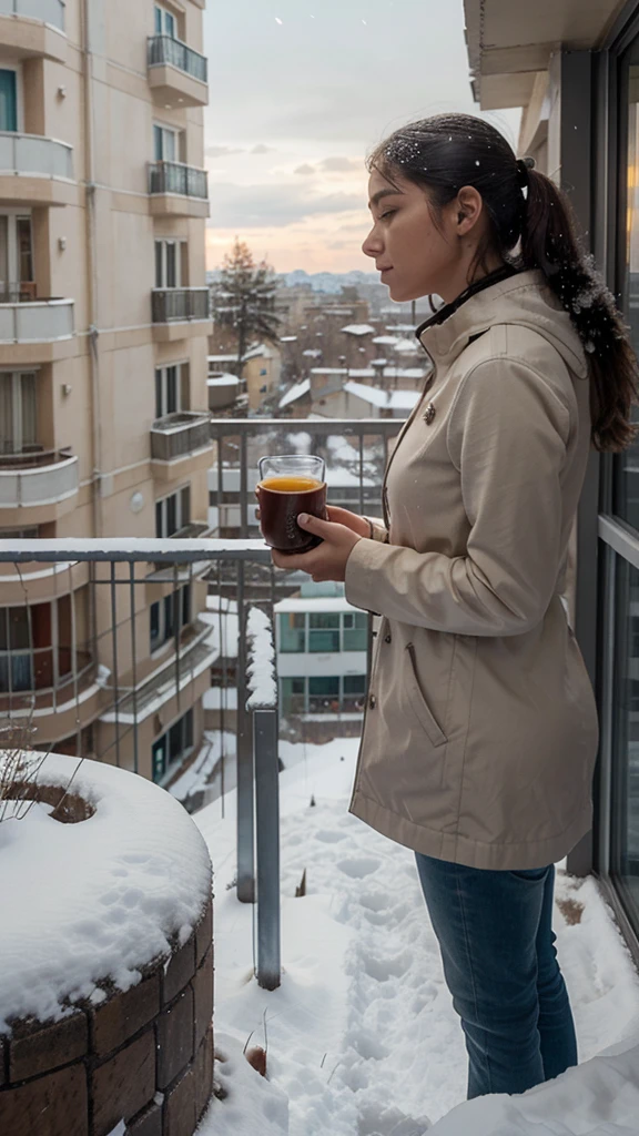 A balcony with a snowy view, with a female figure holding a cup of tea while observing the landscape. En la distancia, una ciudad con luces parpadeantes y sombras de edificios, simbolizando el regreso a su pasado. En primer plano, una maleta abierta y medio llena, indicando el inminente viaje.