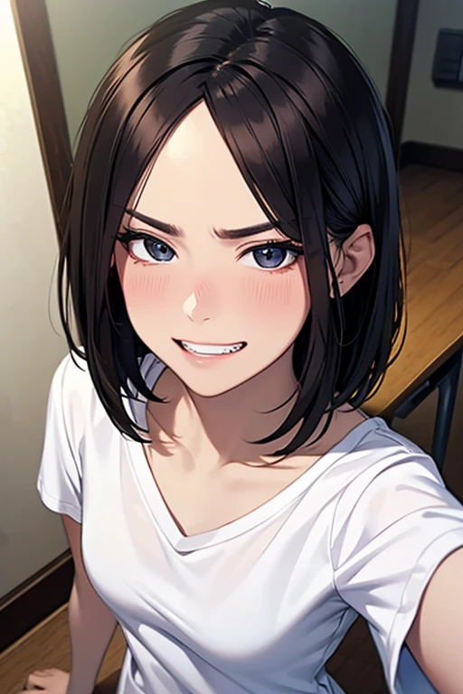 Masterpiece, High Resolution, High Definition CG Unity 8K,Realistic, RAW Photo, Beautifully Detailed Face, Detailed Hair Texture, Beautiful Face, Anatomically Correct,
slender, flat chest, dark hair, (very short hair), forehead, (flowing bangs), (sly eyes),
(solid white t-shirt),
room,
（nose blush),(displeased),(grin),
wariza,selfie,
(from above),