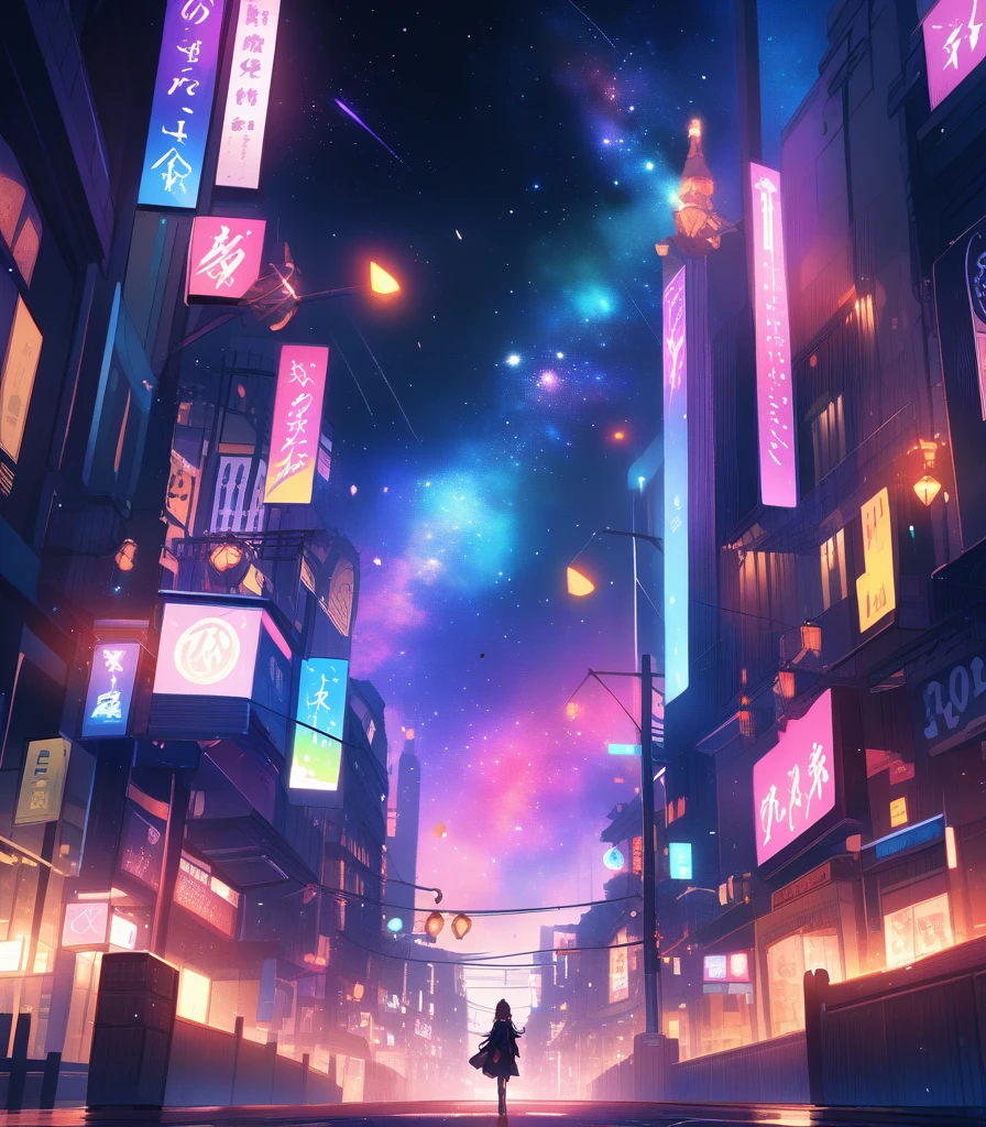 Night city,Starry Sky,Colorful sky gap,Dark Tones,Street lights,Fantasy