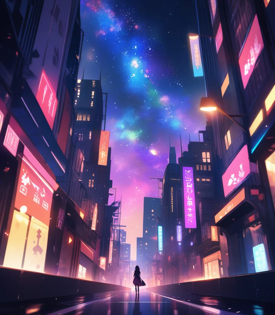 Night city，Starry Sky，Colorful sky gap，Dark Tones，Street lights，Fantasy