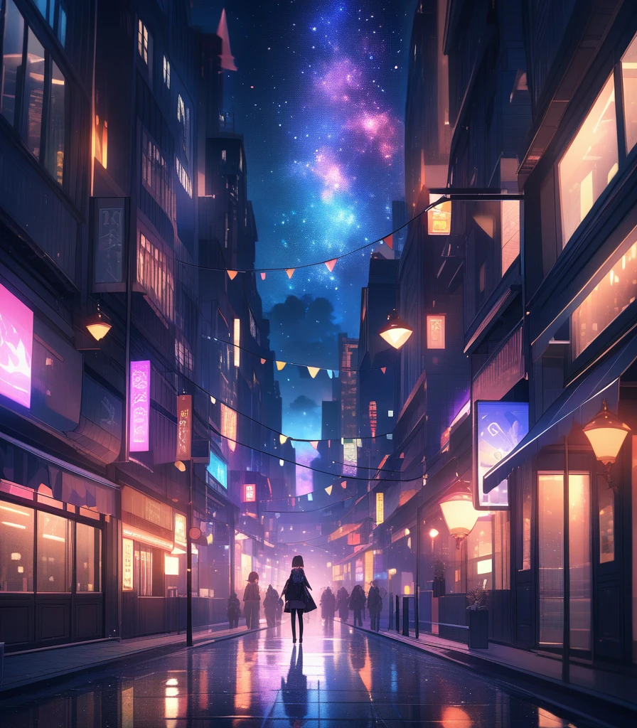 Night city,Starry Sky,Colorful sky gap,Dark Tones,Street lights,Fantasy