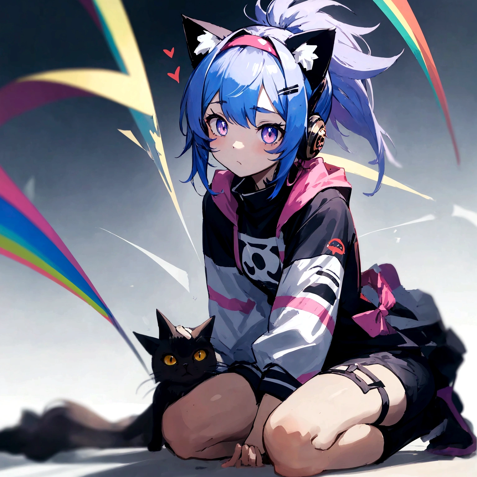Cat ear，Tail，Blue long hair，Kneeling，Lean forward，shy，Heart-shaped pupil，Grass background，Maid costume，masterpiece，Ultra-clear，8K，Ultra Detail
