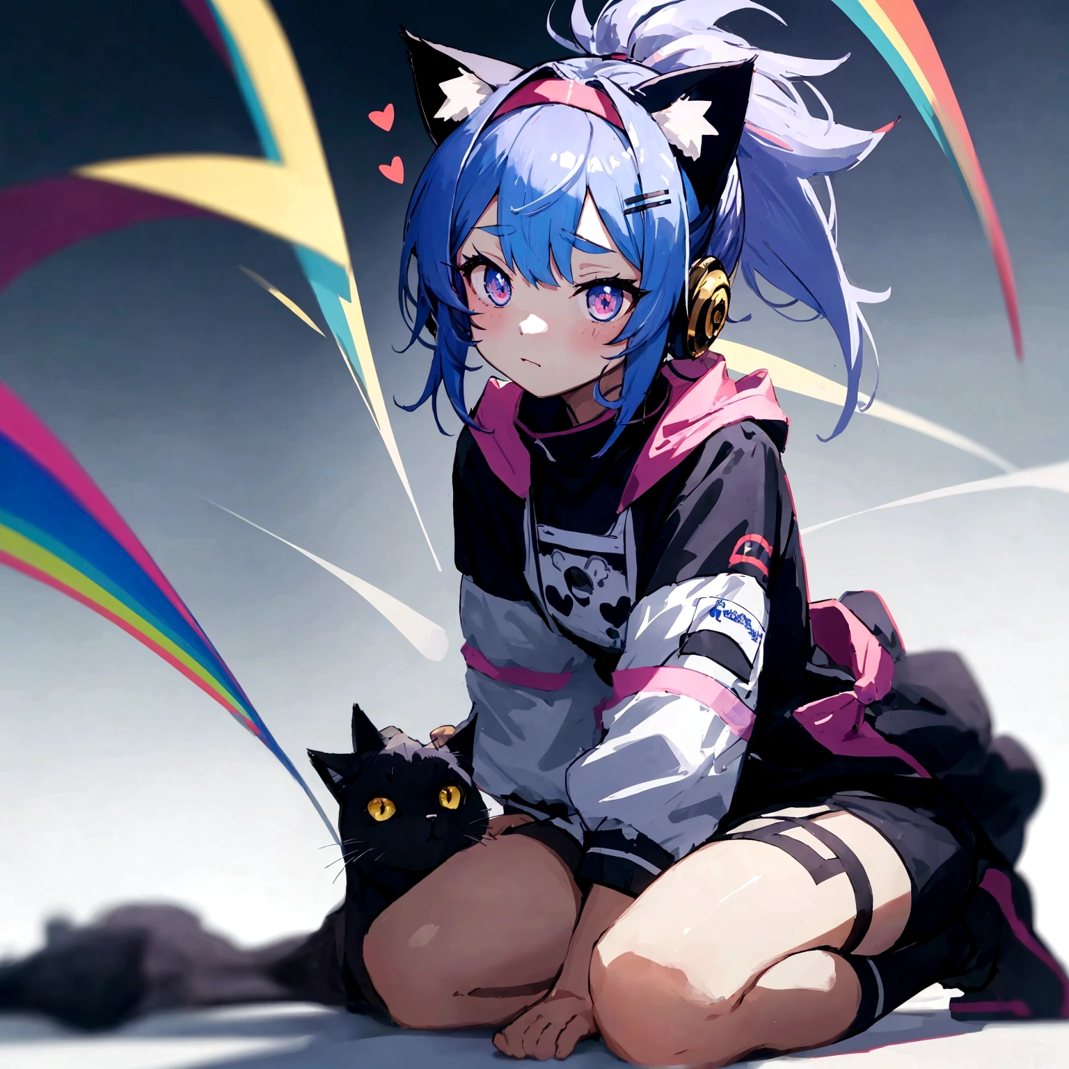 Cat ear,Tail,Blue long hair,Kneeling,Lean forward,shy,Heart-shaped pupil,Grass background,Maid costume,masterpiece,Ultra-clear,8K,Ultra Detail