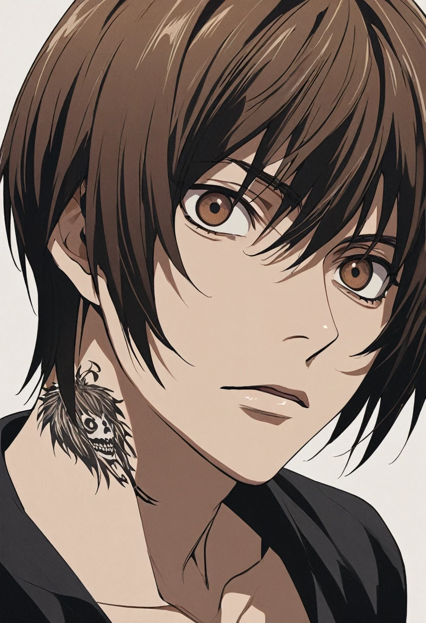 arafed image of a man with a tattoo on his neck, l · lawliet, yagami light, light yagami, male anime style, clean detailed anime style, style of junji ito, high quality fanart, eren yeager, high quality anime artstyle, male anime character, death note style, anime boy, 🚿🗝📝