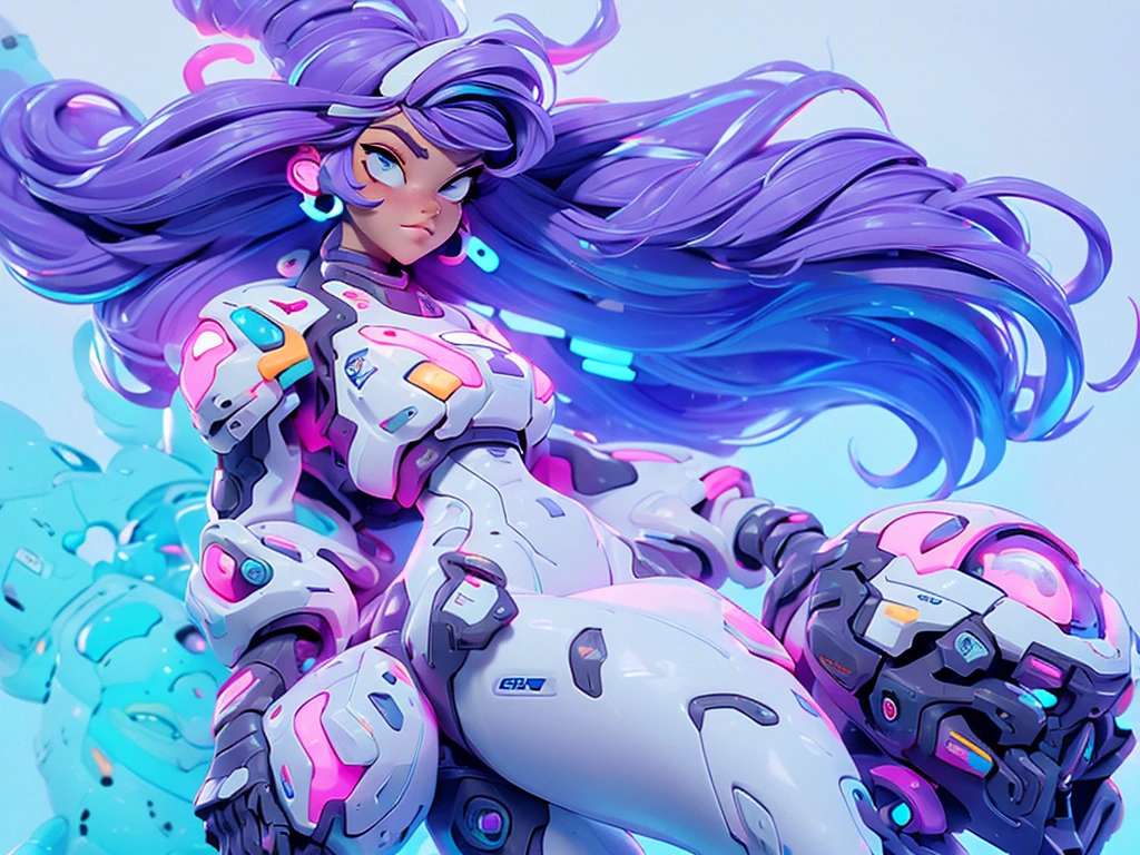 girl with violet hair, white and orange futuristic power suit, big hips, moderate breasts, futuristic white background, cyan and fuchsia neon lights, dynamic lighting, high definition.
