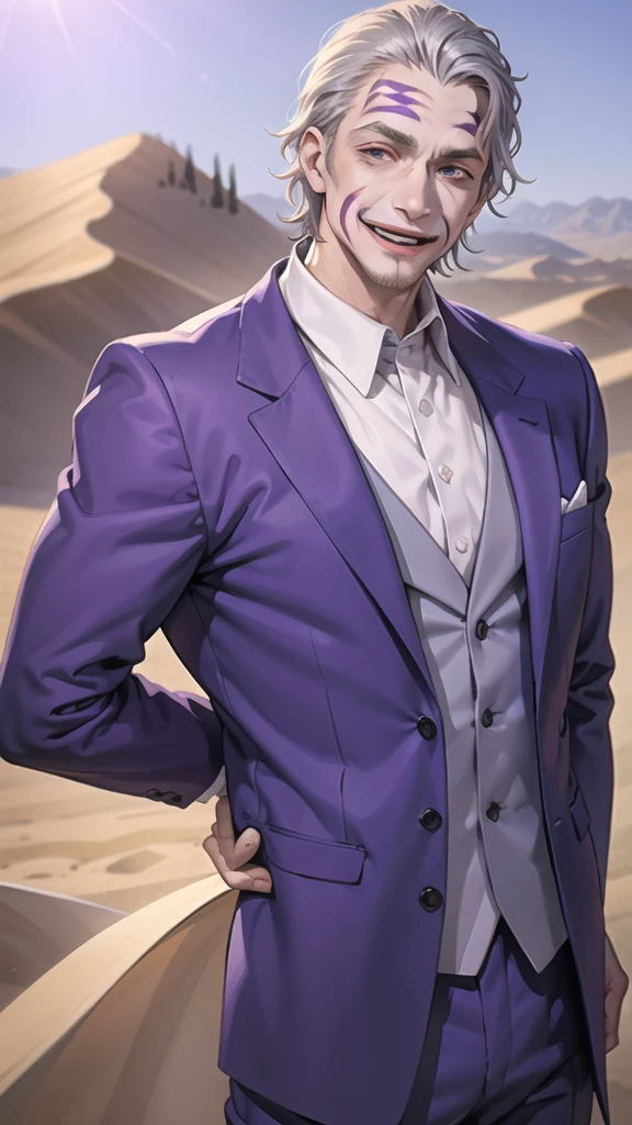 Portrait of a man in his 40s、standing、silver hair、the joker、purple dress , smile open mouth , Long body、 、desert background、