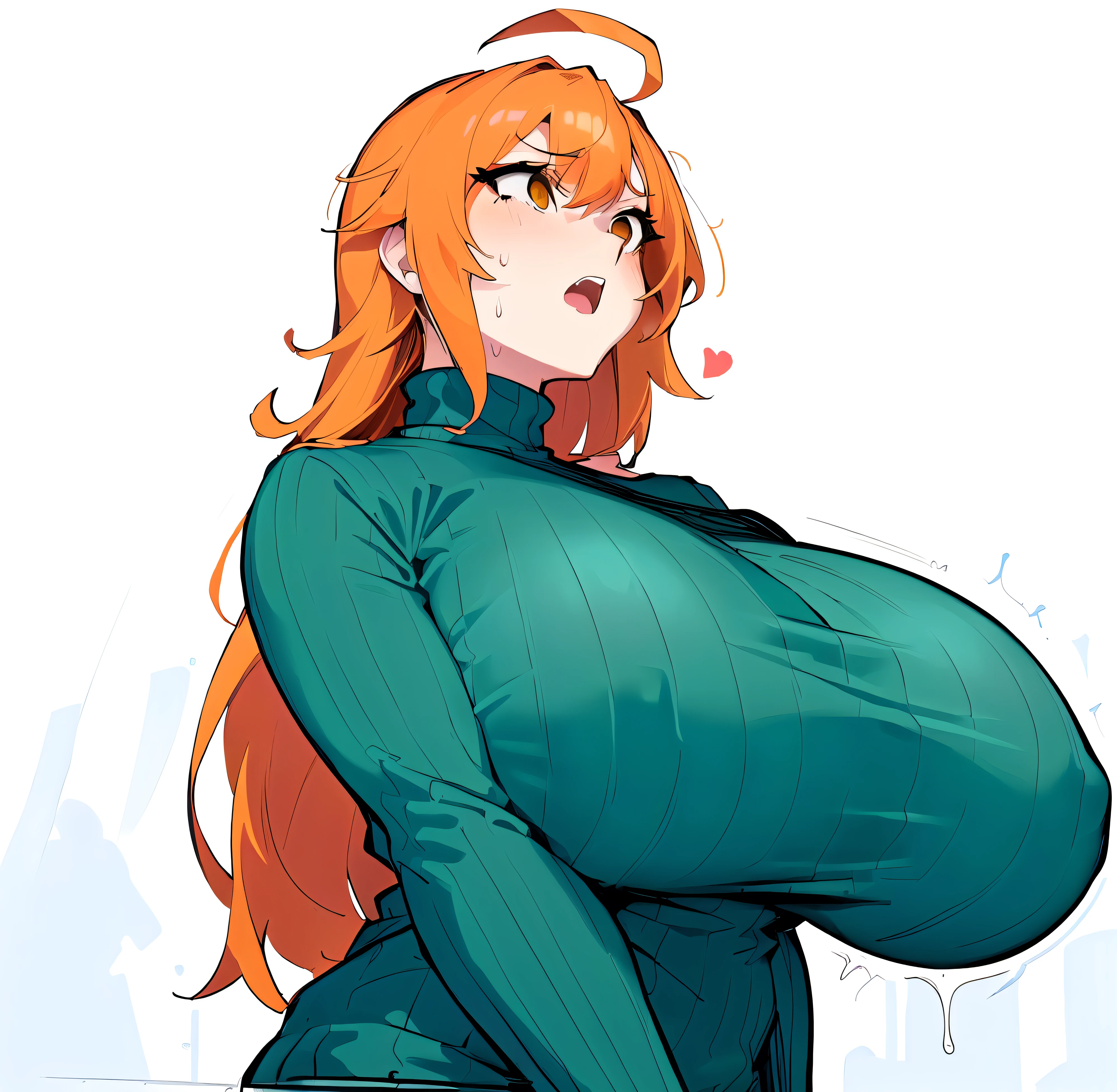 1girl, solo, huge breasts, long hair, open mouth, orange hair, large breasts, holding, sweat drop, a cartoon image an animated standing close to one another in a cartoon, 1girl, breasts, , pants, ahoge, cleavage, turtleneck, turtleneck sweater