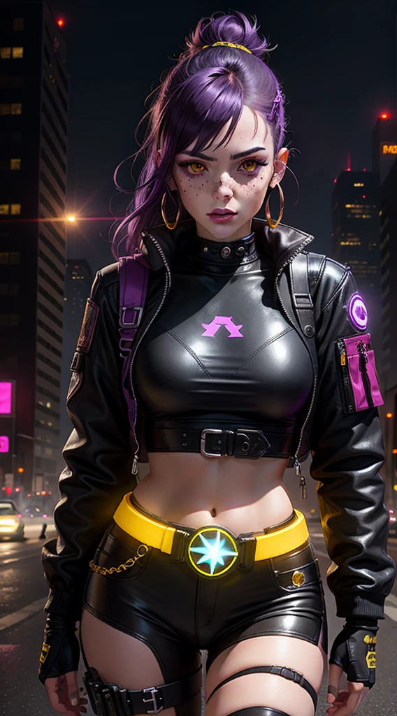 1girl,solo,colorful,yellow eyes,cyberpunk,city,peace sign,earrings,purple hair,eye patche,freckles,prothesis,mechanic,neon,beautiful lighting,purple reflection,cap,smoking,character focus,cg illustration,bust shot,yellow and black outfit,black hair,