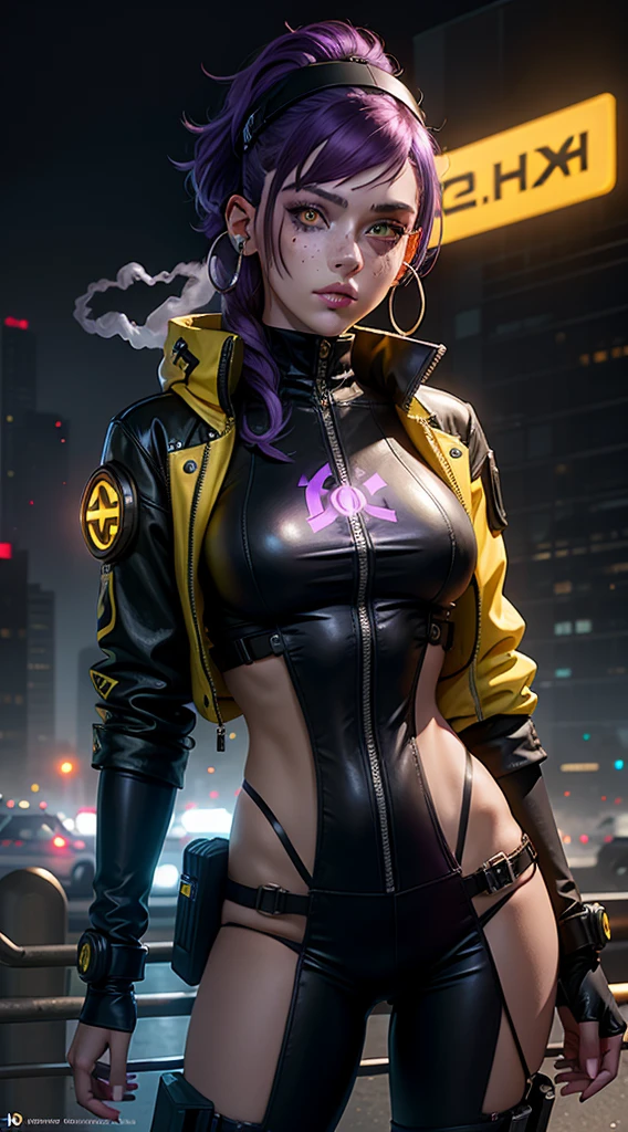 1girl,solo,colorful,yellow eyes,cyberpunk,city,peace sign,earrings,purple hair,eye patche,freckles,prothesis,mechanic,neon,beautiful lighting,purple reflection,cap,smoking,character focus,cg illustration,bust shot,yellow and black outfit,black hair,