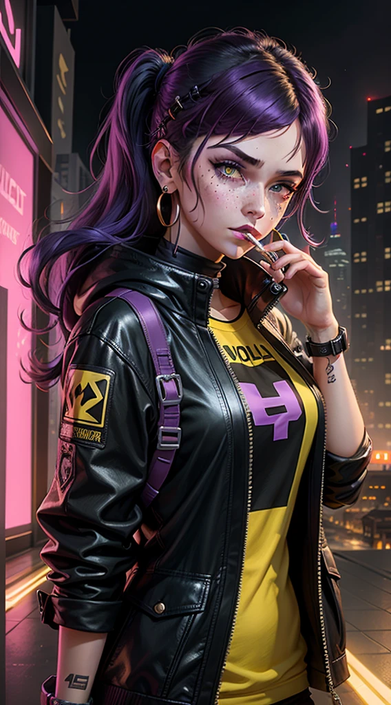 1girl,solo,colorful,yellow eyes,cyberpunk,city,peace sign,earrings,purple hair,eye patche,freckles,prothesis,mechanic,neon,beautiful lighting,purple reflection,cap,smoking,character focus,cg illustration,bust shot,yellow and black outfit,black hair,