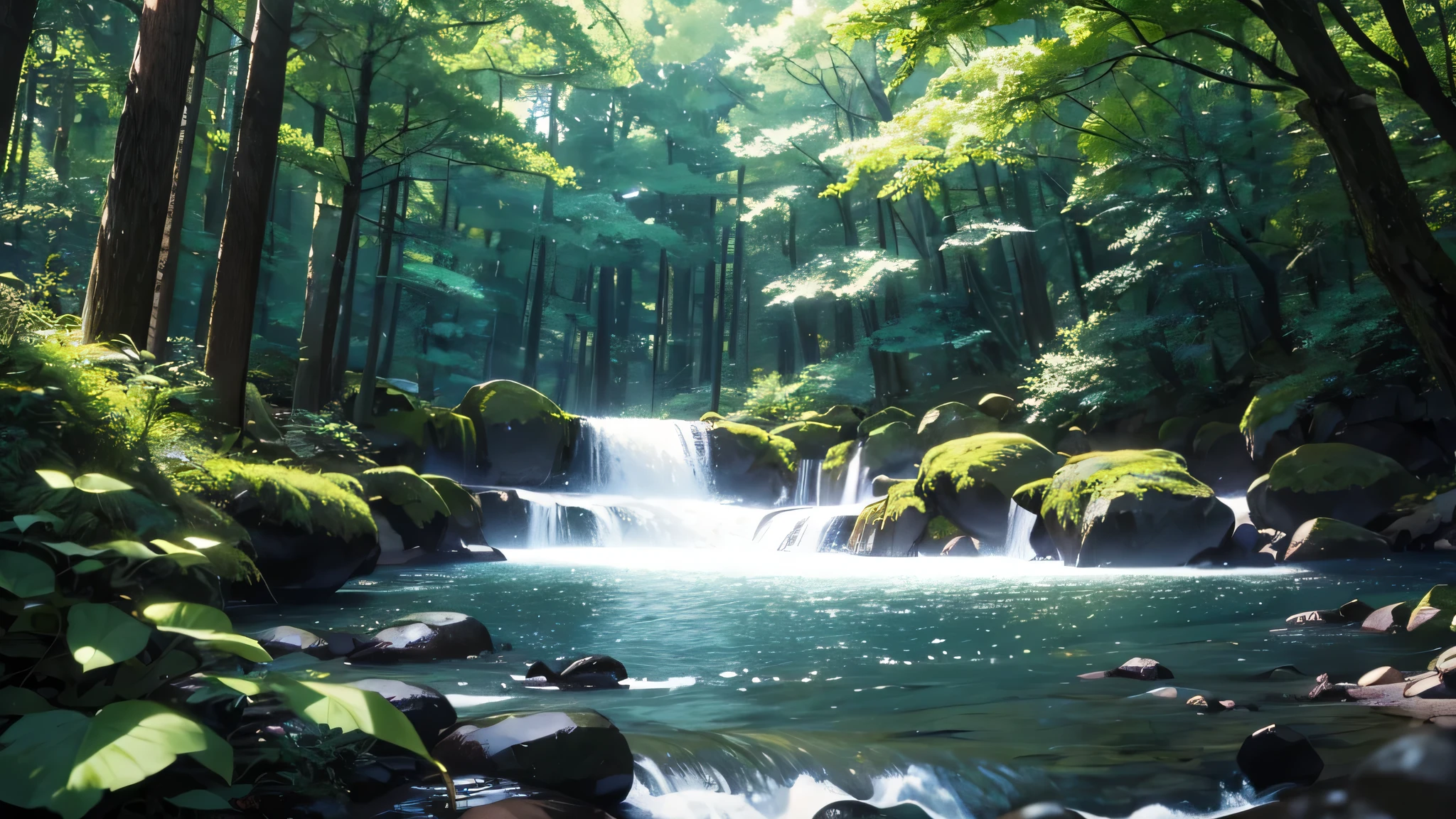 A black grand piano placed under blue maple leaves、wood々The sunlight filtering through the wood sparkles.、Makoto Shinkai-style anime touch、Deep green forest、1 grand piano