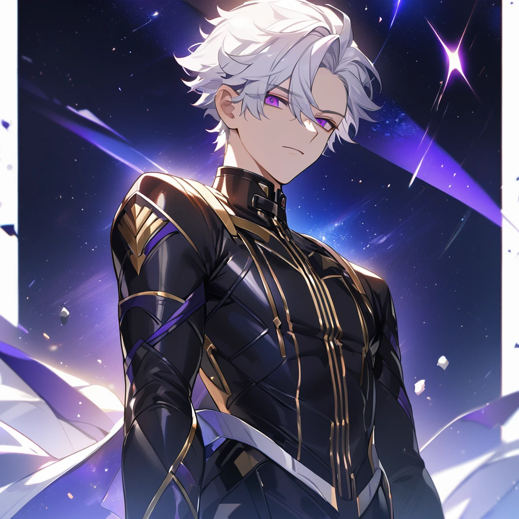 High quality, HD, 4k, handsome male, 1male, , teenager, going, short white hair, sharp eyes, dark purple eyes, deep purple eyes, devil may cry, close up, calm expression, stoic expression, black leather clothes, lean body, upper body, looking at viewer, cowboy shot, white solar, space background