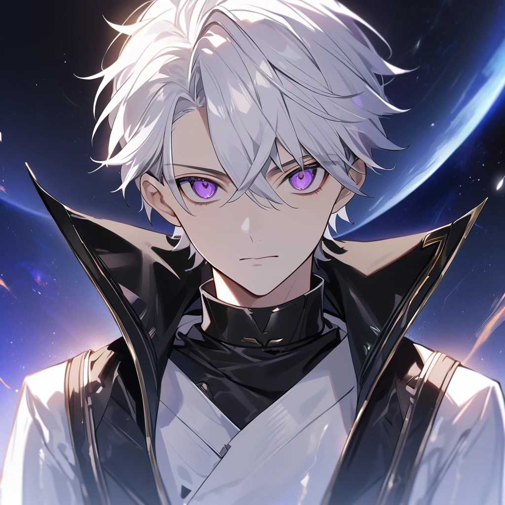 High quality, HD, 4k, handsome male, 1male, 17 years old, teenager, golden lining, short white hair, sharp eyes, dark purple eyes, deep purple eyes, devil may cry, close up, calm expression, stoic expression, black leather clothes, lean body, upper body, looking at viewer, cowboy shot, white solar, space background