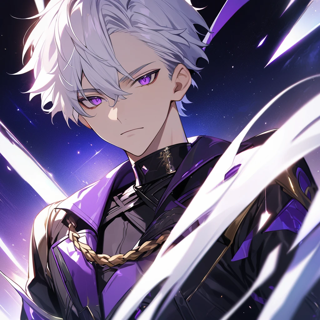 High quality, HD, 4k, handsome male, 1male, 17 years old, teenager, golden lining, short white hair, sharp eyes, dark purple eyes, deep purple eyes, devil may cry, close up, calm expression, stoic expression, black leather clothes, lean body, upper body, looking at viewer, cowboy shot, white solar, space background
