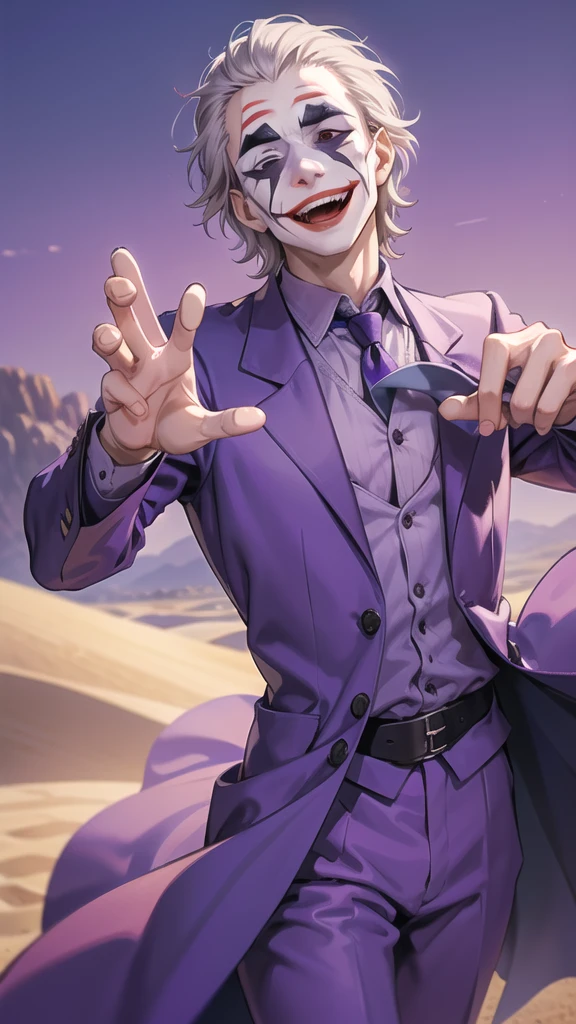 Portrait of a man in his 40s、standing、silver hair、the joker、purple dress , smile open mouth , Long body、 、desert background、