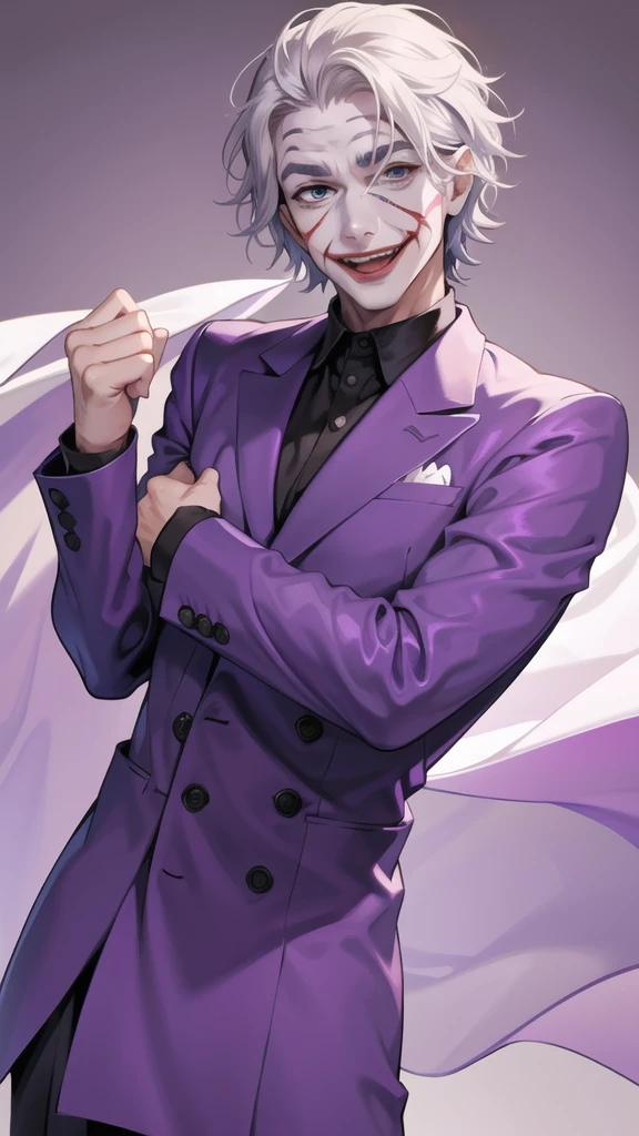 Portrait of a man in his 40s、standing、silver hair、the joker、purple dress , smile open mouth , Long body、 、desert background、