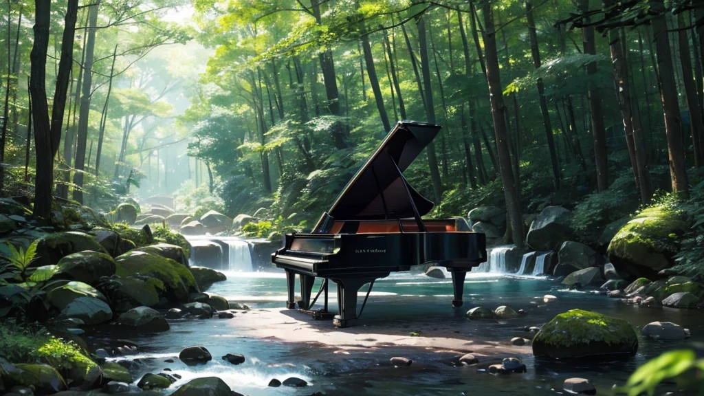 青い紅葉のwoodの下置かれた黒いグランドピアノ、wood々の間からwood漏れ日がキラキラしている、Makoto Shinkai-style anime touch、Deep green forest、1 grand piano